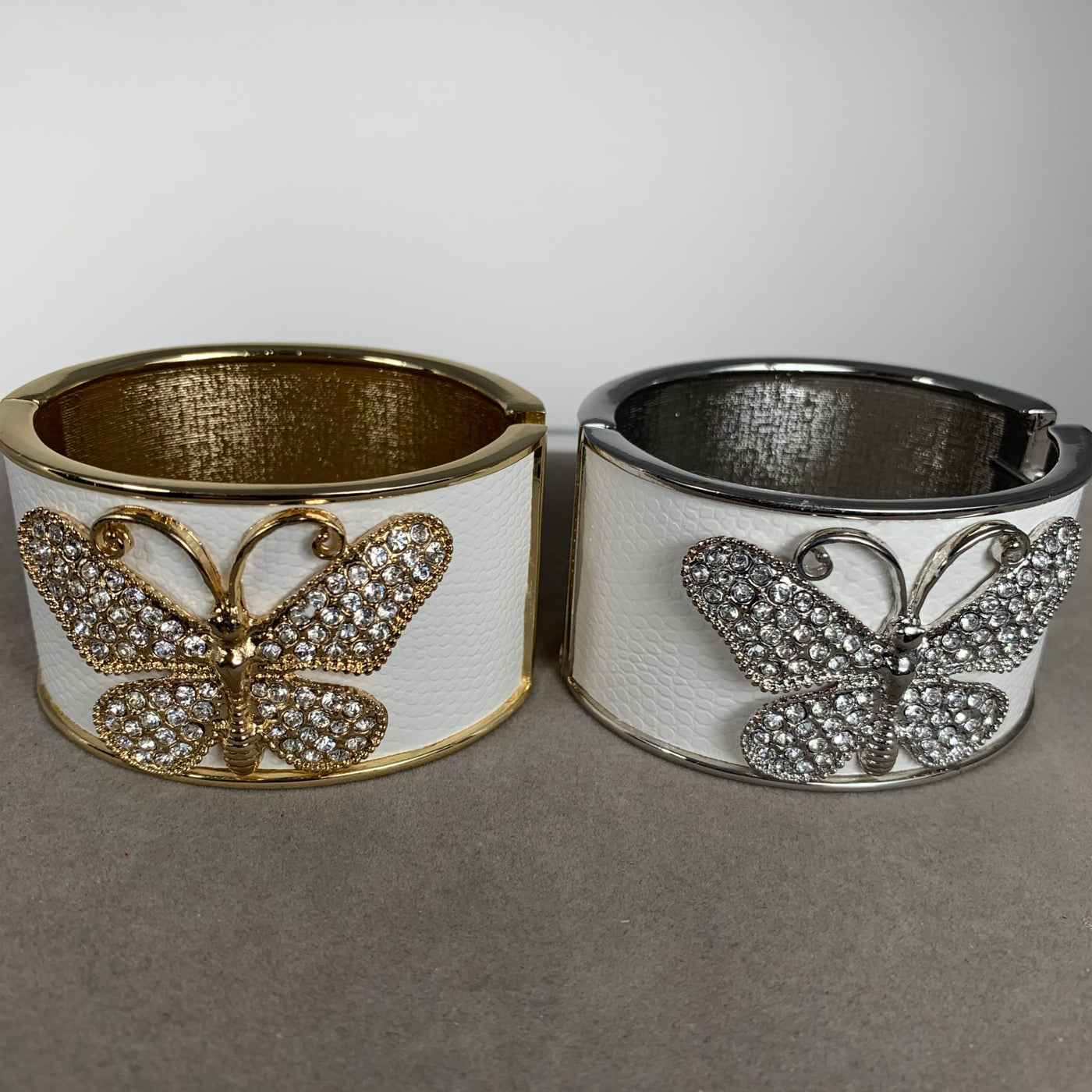 Butterfly White Faux Leather Bangle in Silver Tone