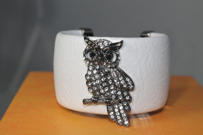 White PU Cuff Bangle featuring owl