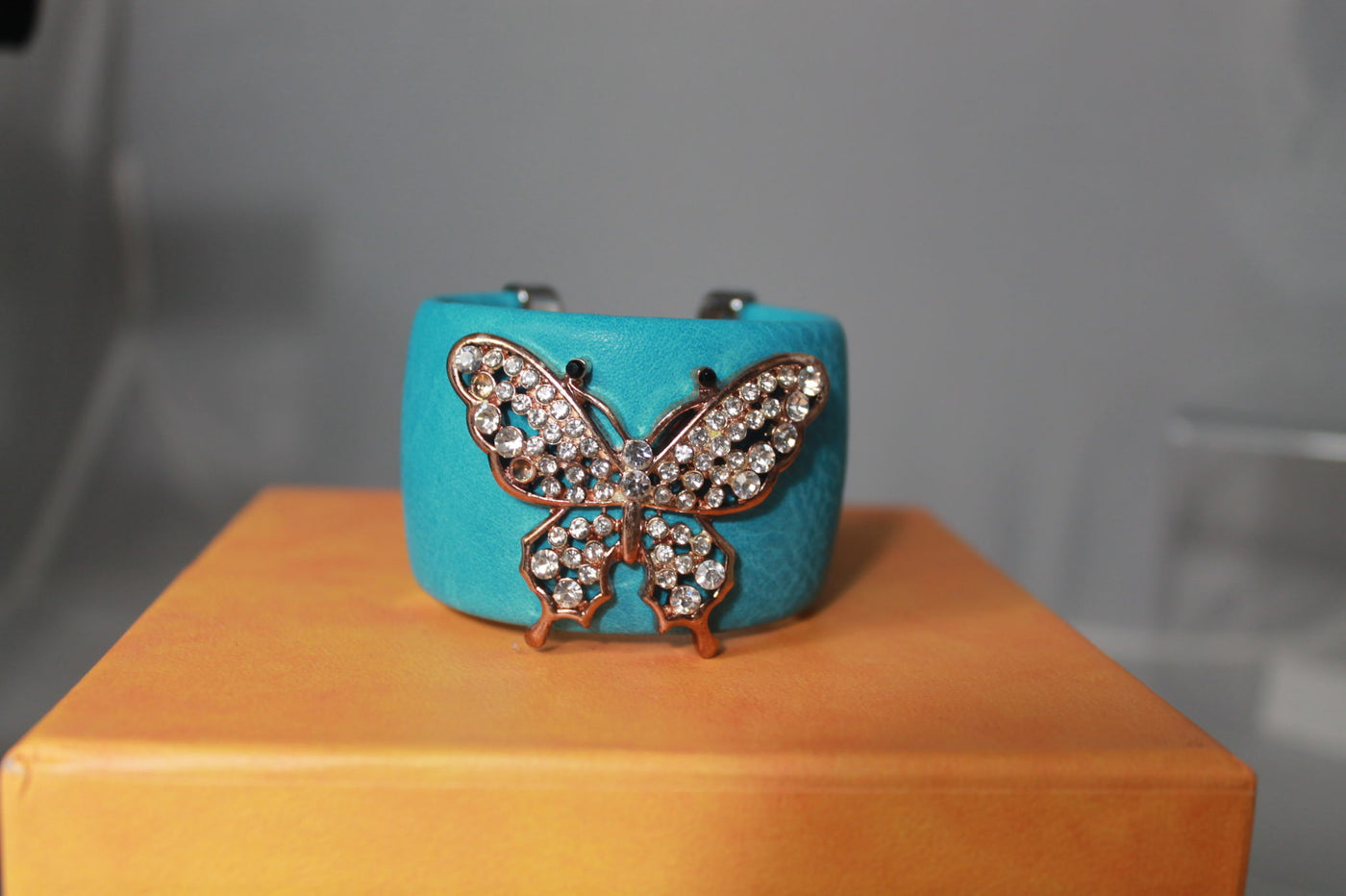 Light Blue PU Cuff Bangle featuring Butterfly