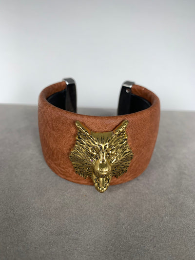 Faux Leather (PU) Cuff Bangle Featuring Wolf