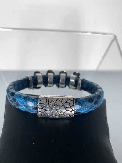 Blue Faux Snake Skin Band Bracelet Featuring Lady Skulls