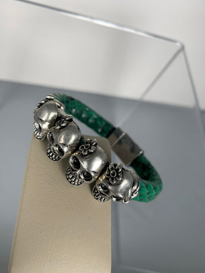 Green Faux Snake Skin Band Bracelet Featuring Lady Skulls