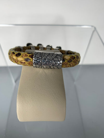 Yellow Faux Snake Skin Band Bracelet Featuring Lady Skulls