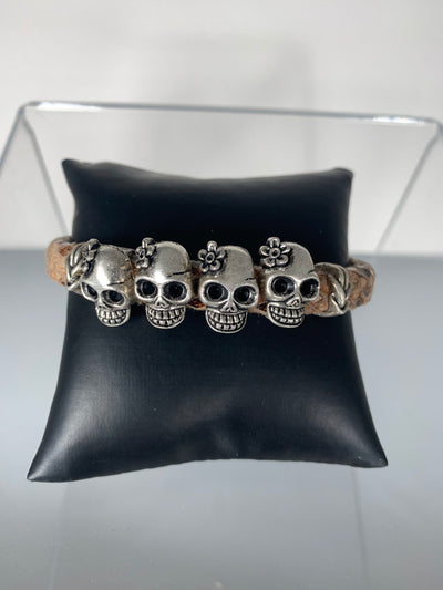 Brown Faux Snake Skin Band Bracelet Featuring Lady Skulls
