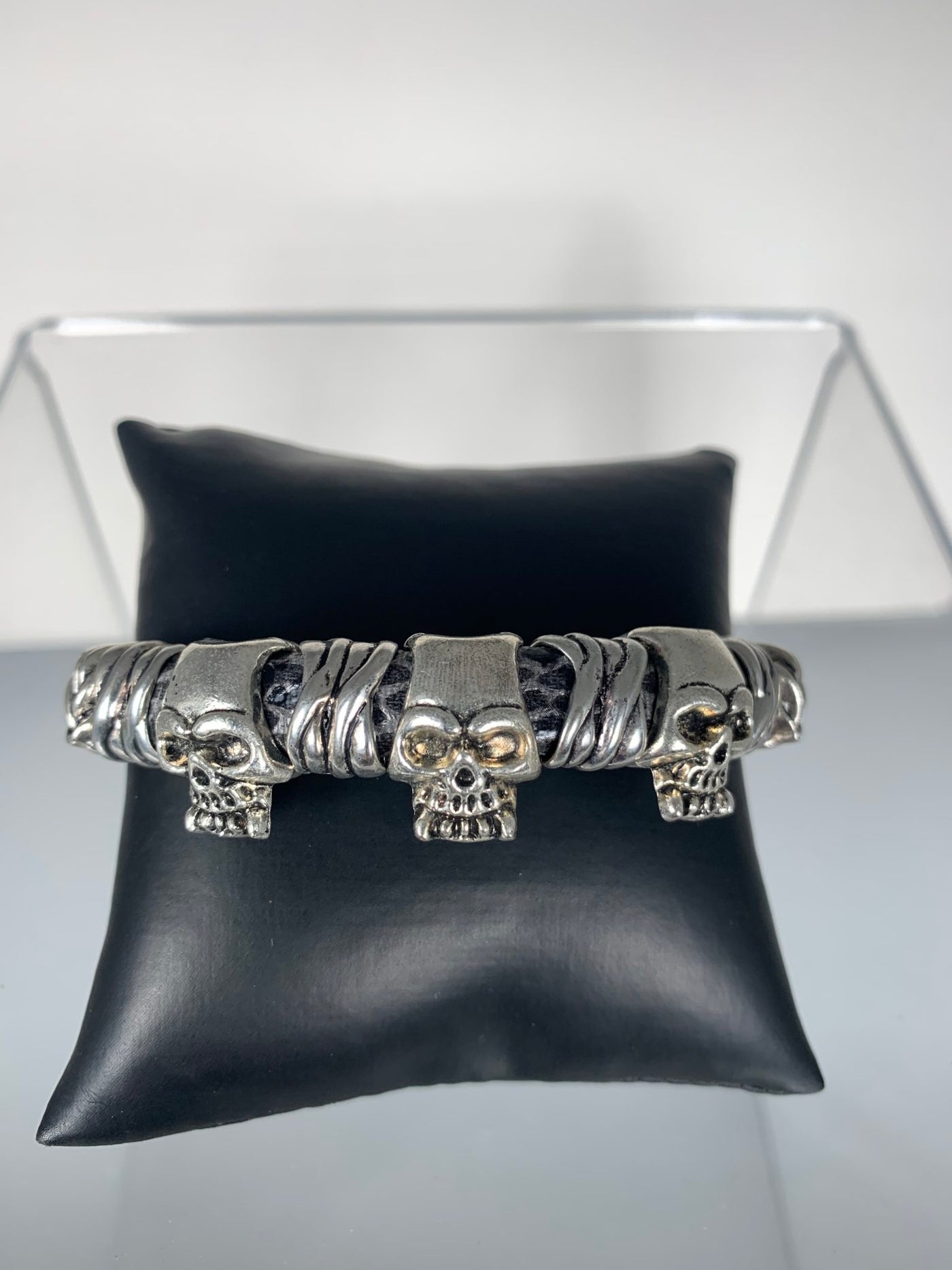 Gray Faux Snake Skin Bracelet with Skull Motifs