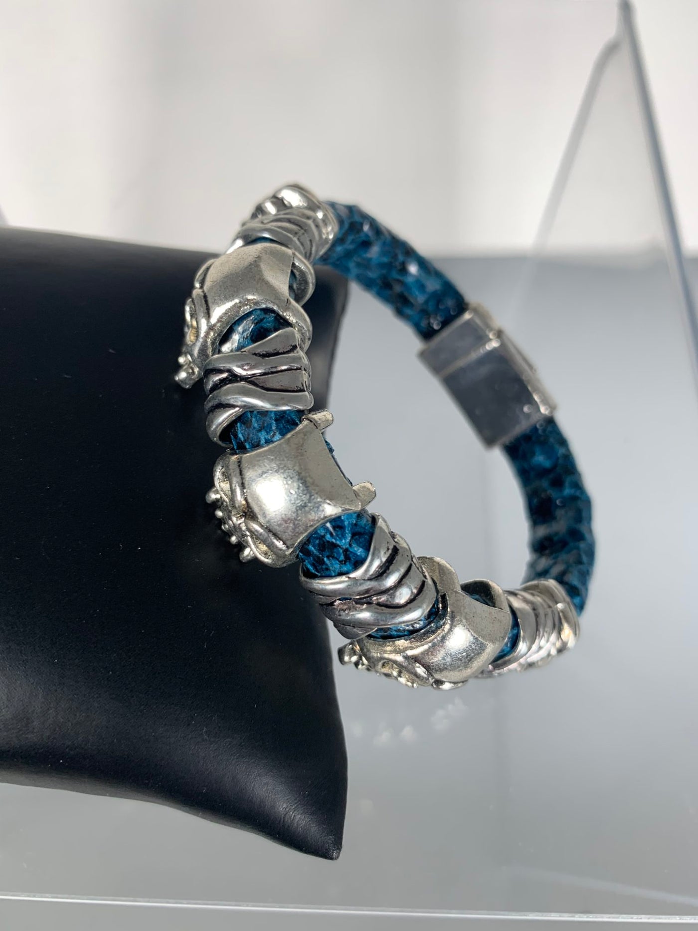 Blue Faux Snake Skin Bracelet with Skull Motifs