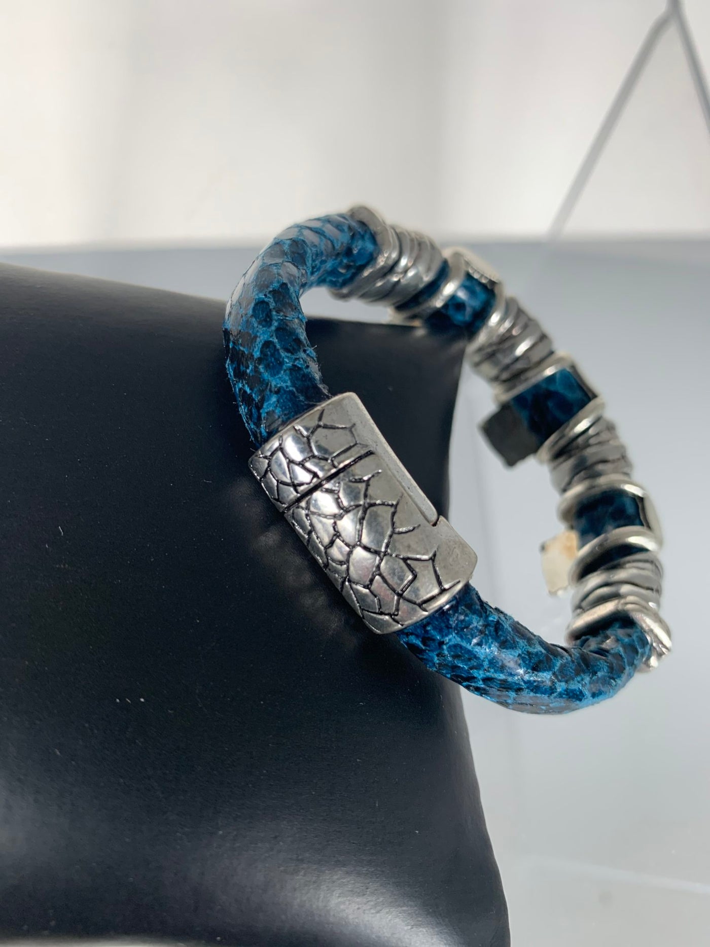Blue Faux Snake Skin Bracelet with Skull Motifs