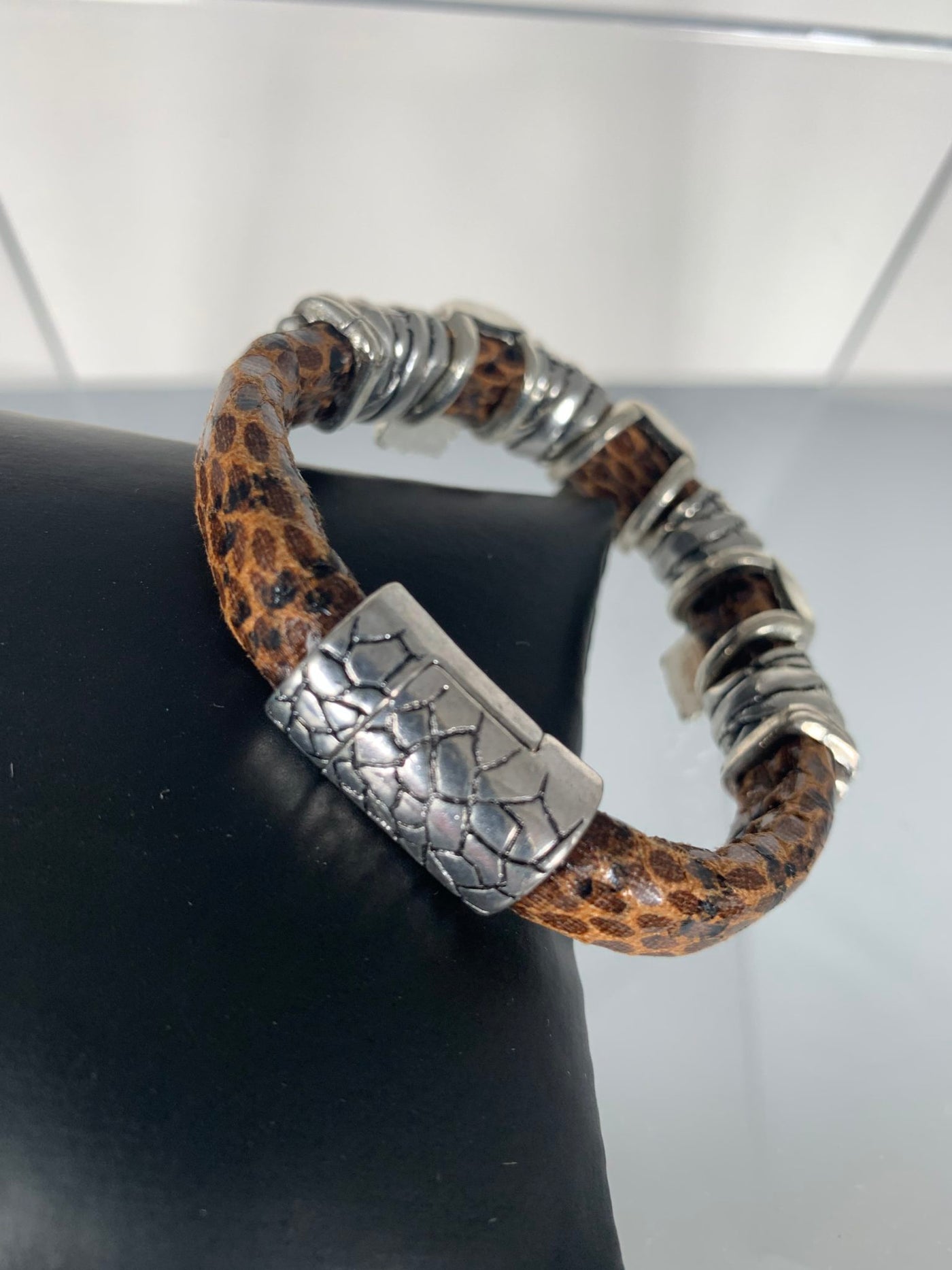Brown Faux Snake Skin Bracelet with Skull Motifs