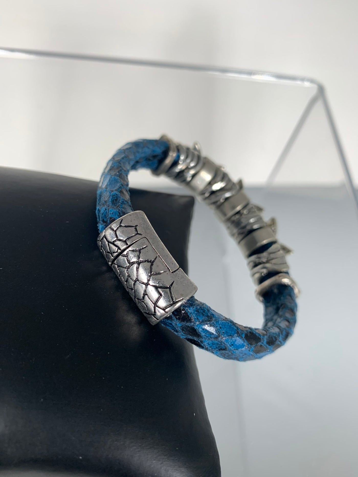 Blue Faux Snake Skin Band Bracelet with Butterfly Motifs