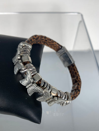 Brown Faux Snake Skin Band Bracelet with Butterfly Motifs