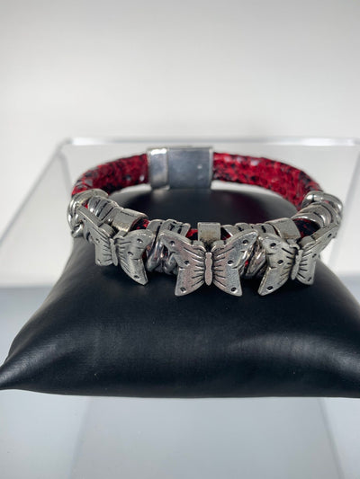 Red Faux Snake Skin Band Bracelet with Butterfly Motifs