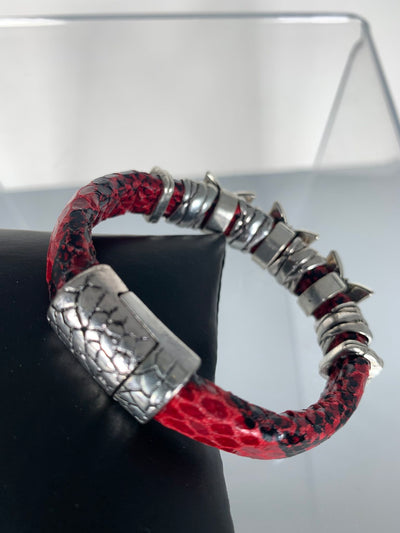 Red Faux Snake Skin Band Bracelet with Butterfly Motifs