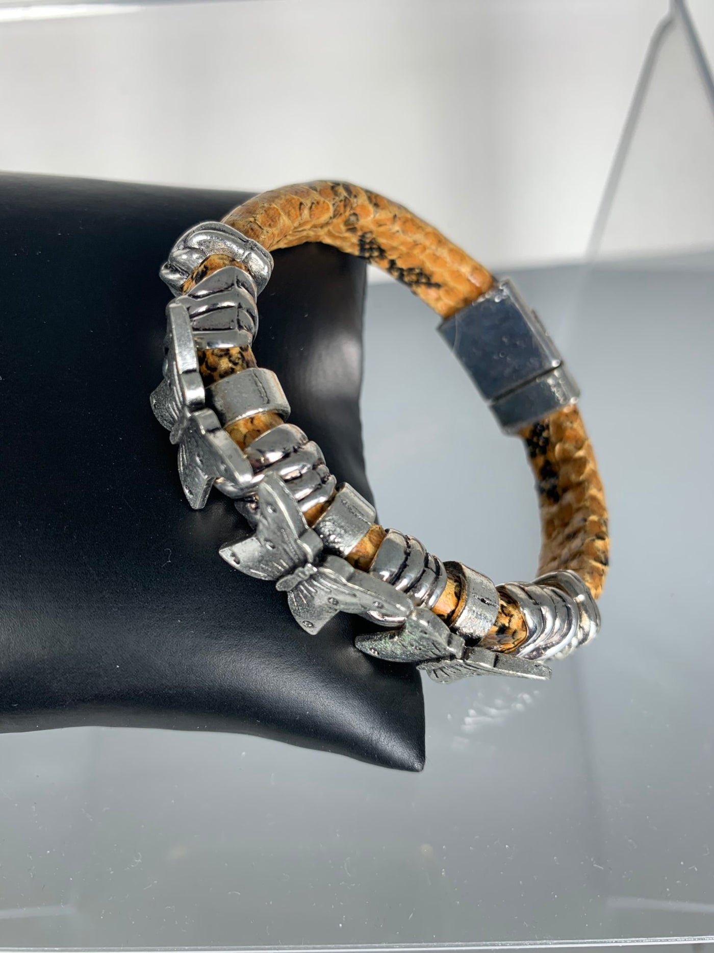 Yellow Faux Snake Skin Band Bracelet with Butterfly Motifs