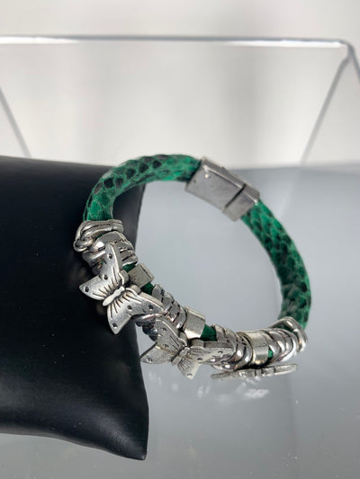 Green Snake Skin Band Bracelet with Butterfly Motifs