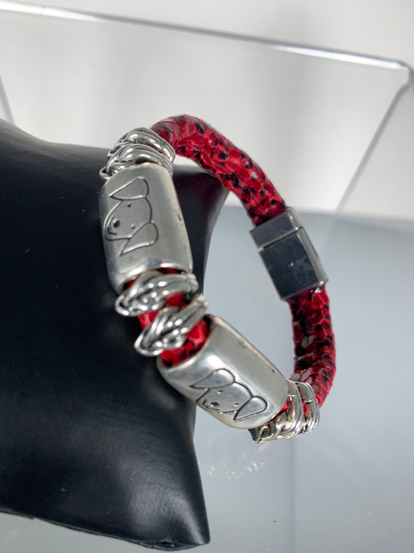 Red Faux Snake Skin Band Bracelet with Doggie Motifs