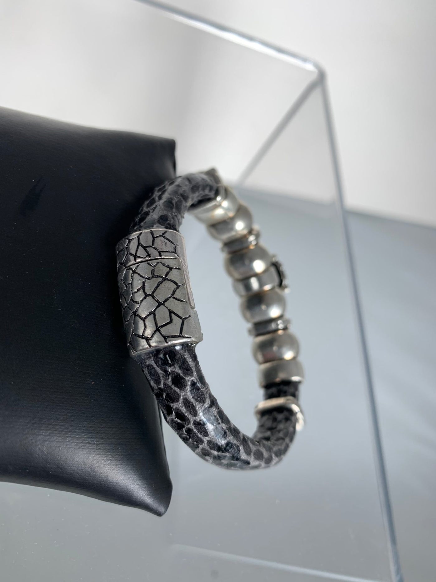 Gray Faux Snake Skin Band Bracelet Featuring a Beloved Ladybug