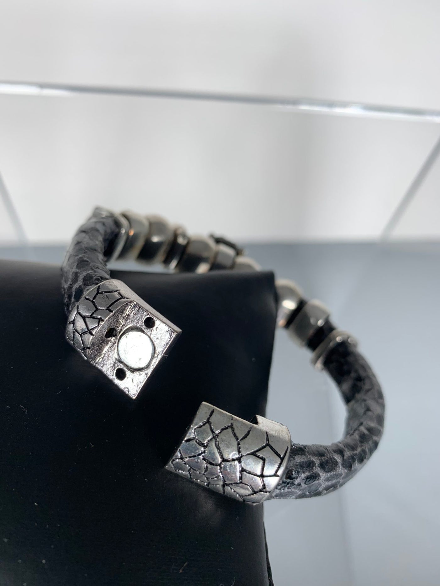 Gray Faux Snake Skin Band Bracelet Featuring a Beloved Ladybug