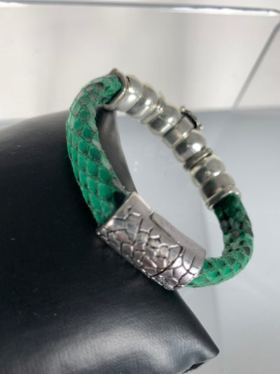 Green Faux Snake Skin Band Bracelet Featuring a Beloved Ladybug