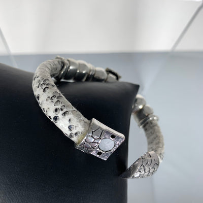 White Faux Snake Skin Band Bracelet Featuring a Beloved Ladybug