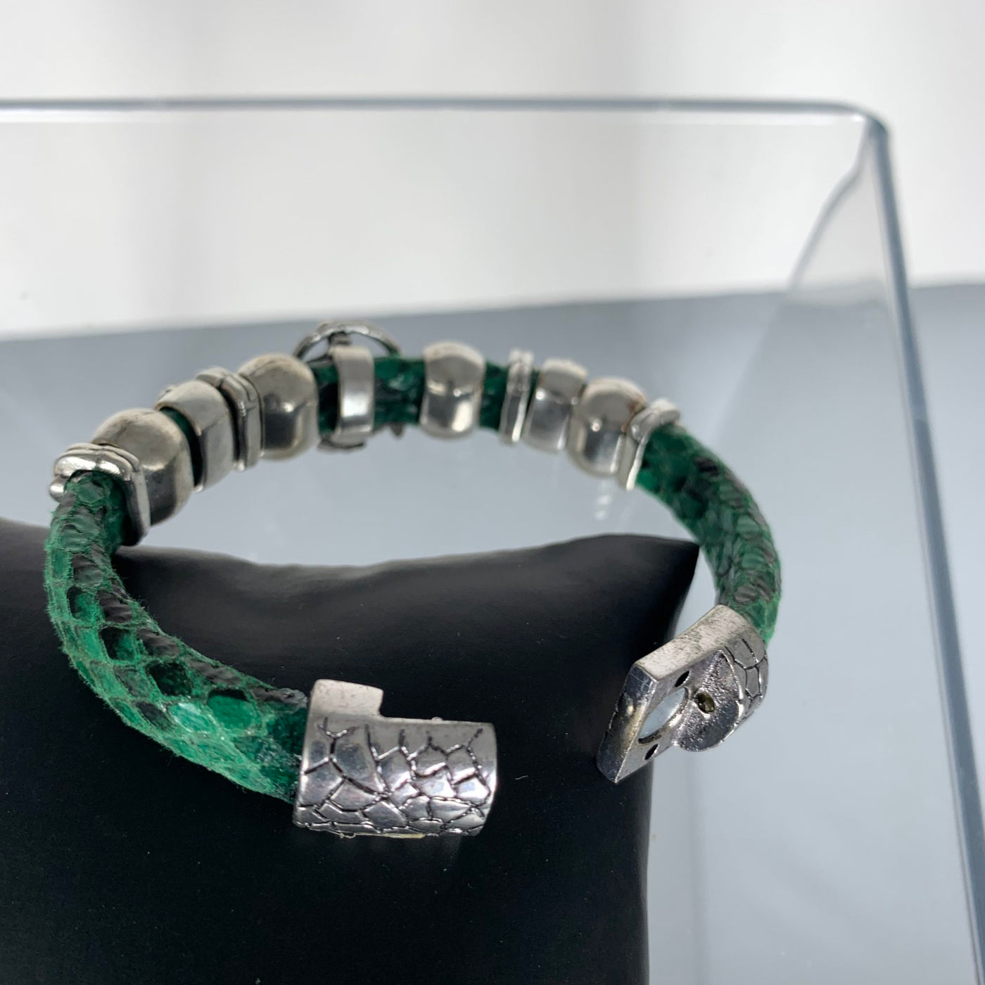 Green Faux Snake Skin Band Bracelet Featuring a Bird