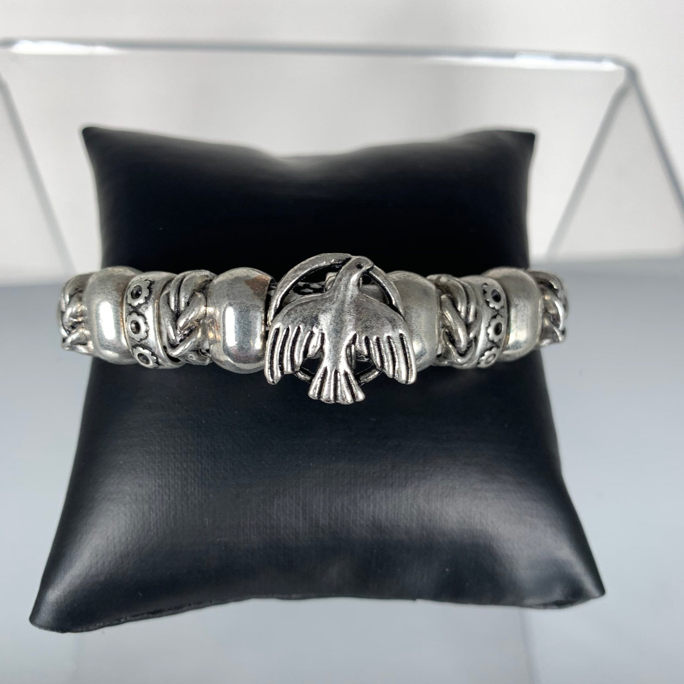White Faux Snake Skin Band Bracelet Featuring a Bird