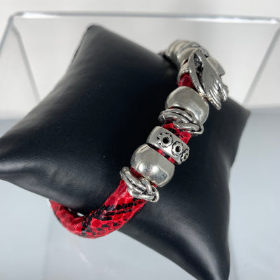 Red Faux Snake Skin Band Bracelet Featuring a Bird