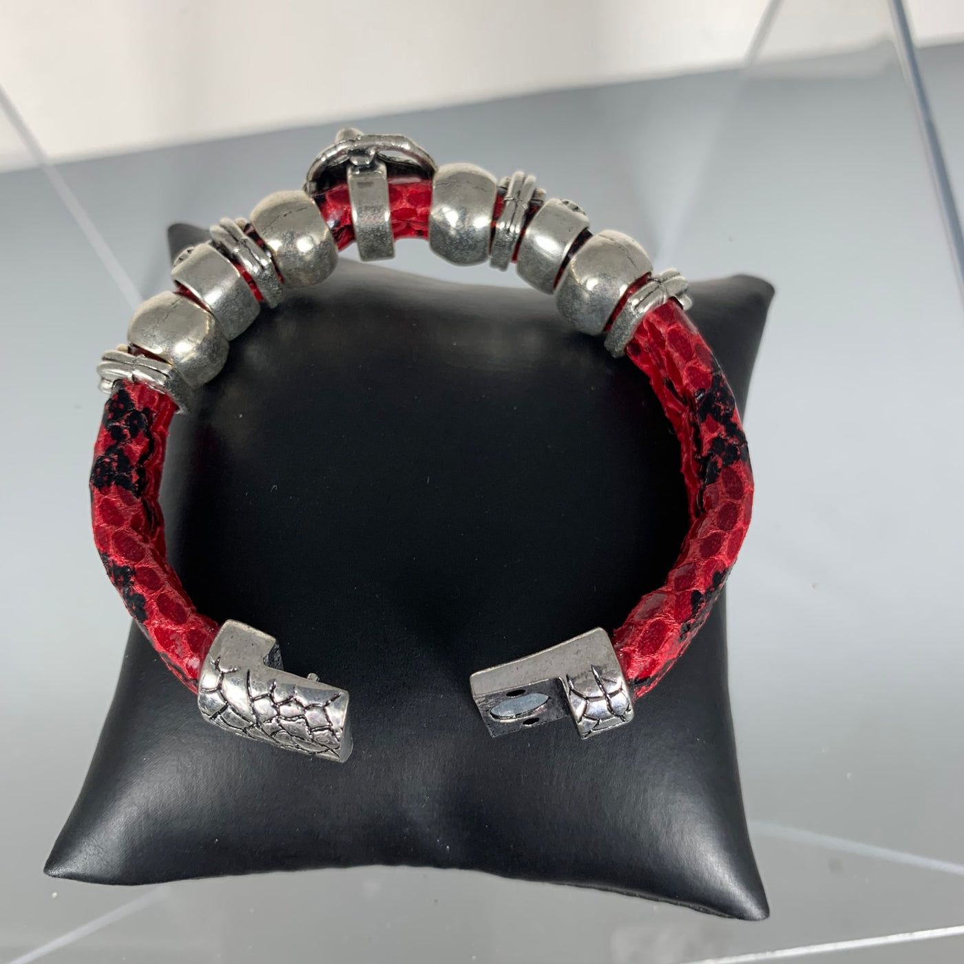 Red Faux Snake Skin Band Bracelet Featuring a Bird