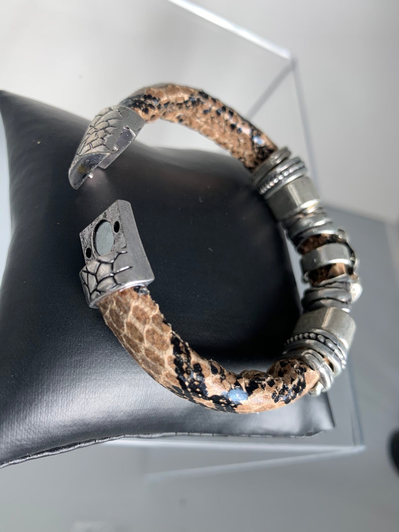 Light Brown Faux Snake Skin Band Bracelet Featuring an Elephant Motif