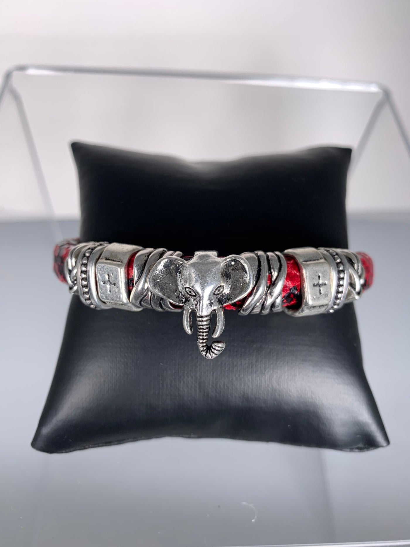 Red Faux Snake Skin Band Bracelet Featuring an Elephant Motif