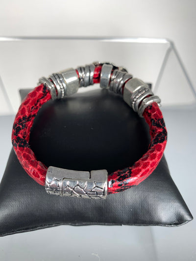 Red Faux Snake Skin Band Bracelet Featuring an Elephant Motif