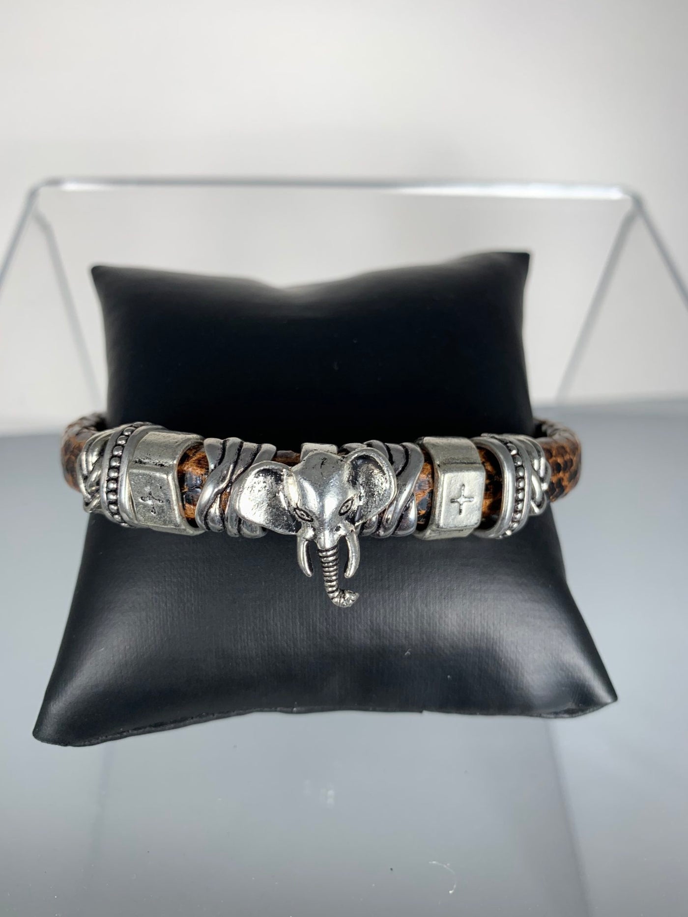Brown Faux Snake Skin Band Bracelet Featuring an Elephant Motif