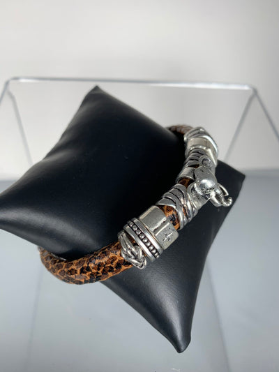 Brown Faux Snake Skin Band Bracelet Featuring an Elephant Motif
