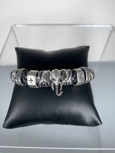 Gray Faux Snake Skin Band Bracelet Featuring an Elephant Motif