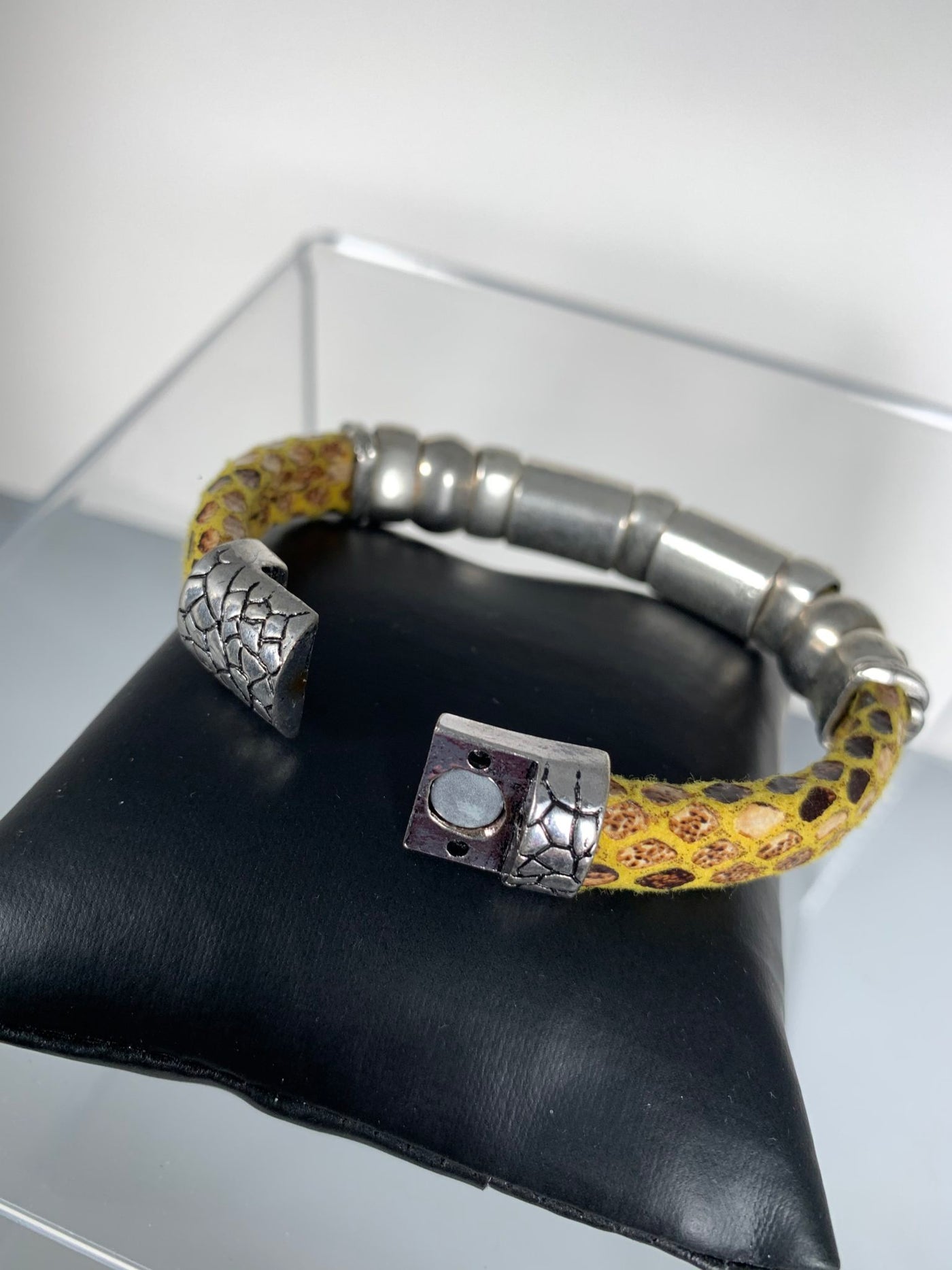 Yellow Faux Snake Skin Band Bracelet Featuring 3 "Little People"