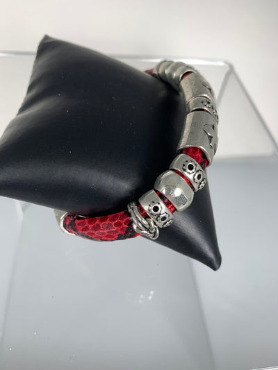 Red Faux Snake Skin Band Bracelet Featuring 3 "Little People"