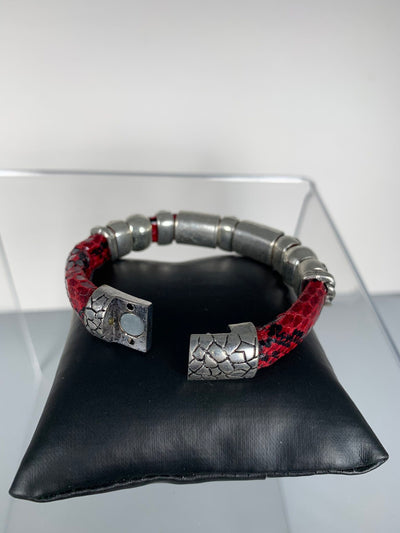 Red Faux Snake Skin Band Bracelet Featuring 3 "Little People"