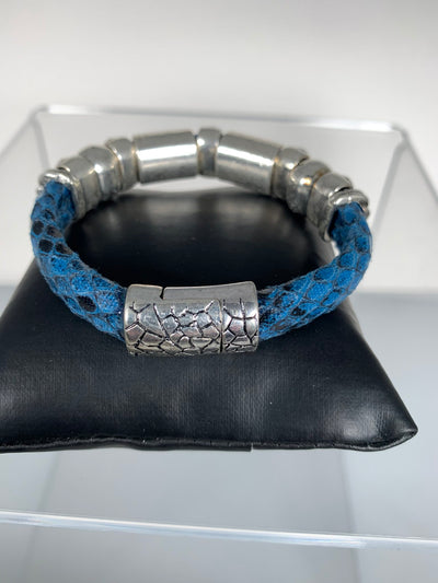 Blue Faux Snake Skin Band Bracelet Featuring 3 "Little People"
