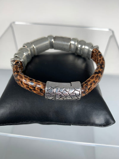 Brown Faux Snake Skin Band Bracelet Featuring 3 "Little People"