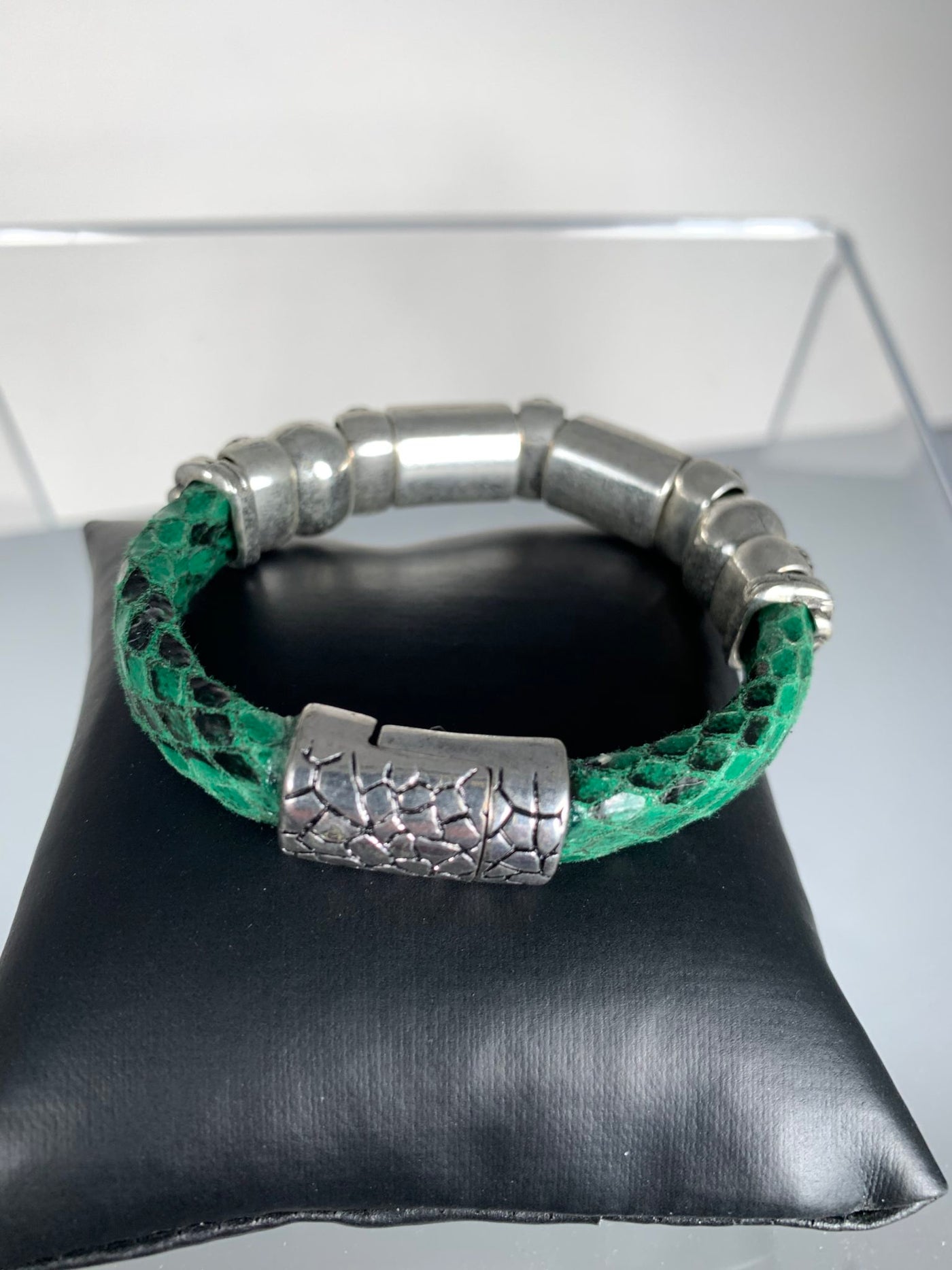 Green Faux Snake Skin Band Bracelet Featuring 3 "Little People"