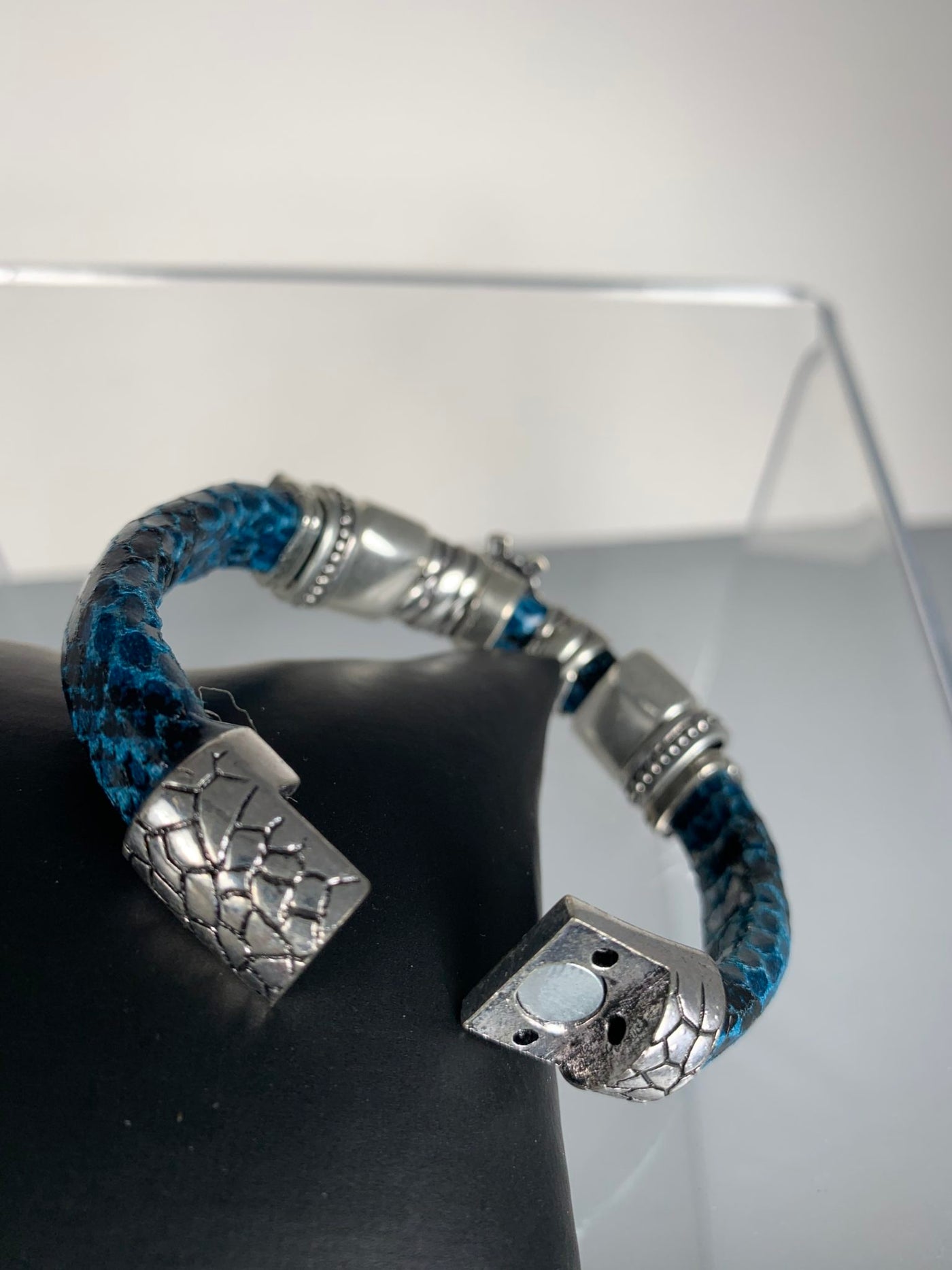 Blue Faux Snake Skin Band Bracelet Featuring a Wise Owl