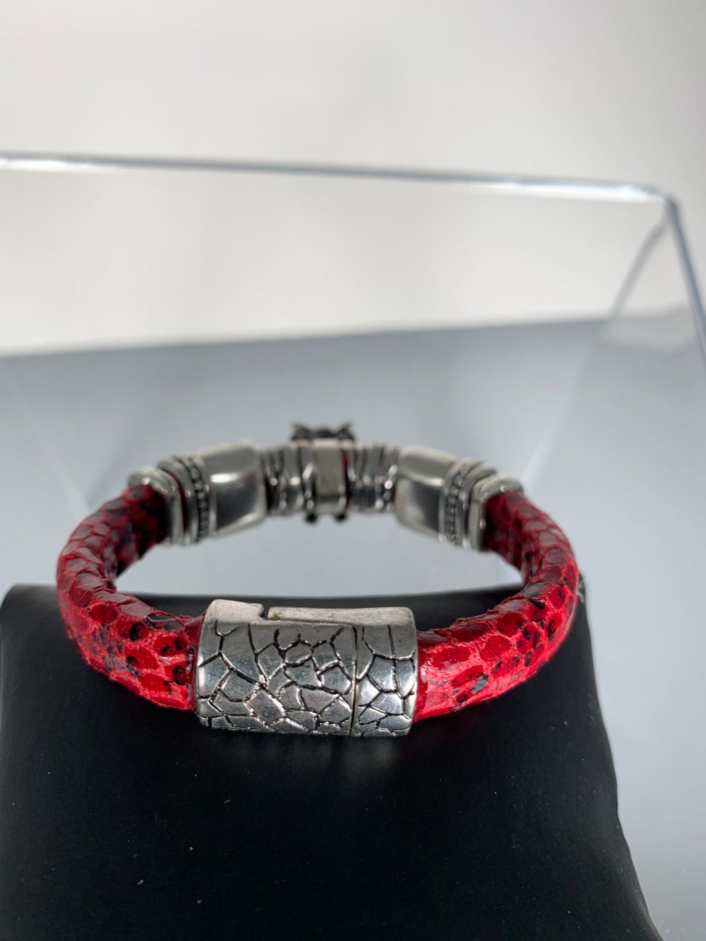 Red Faux Snake Skin Band Bracelet Featuring a Wise Owl
