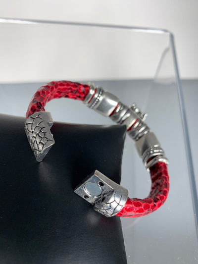 Red Faux Snake Skin Band Bracelet Featuring a Wise Owl