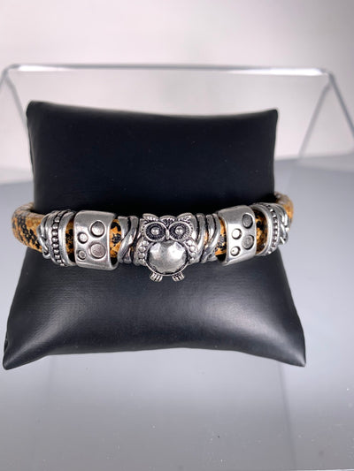 Yellow Faux Snake Skin Band Bracelet Featuring a Wise Owl