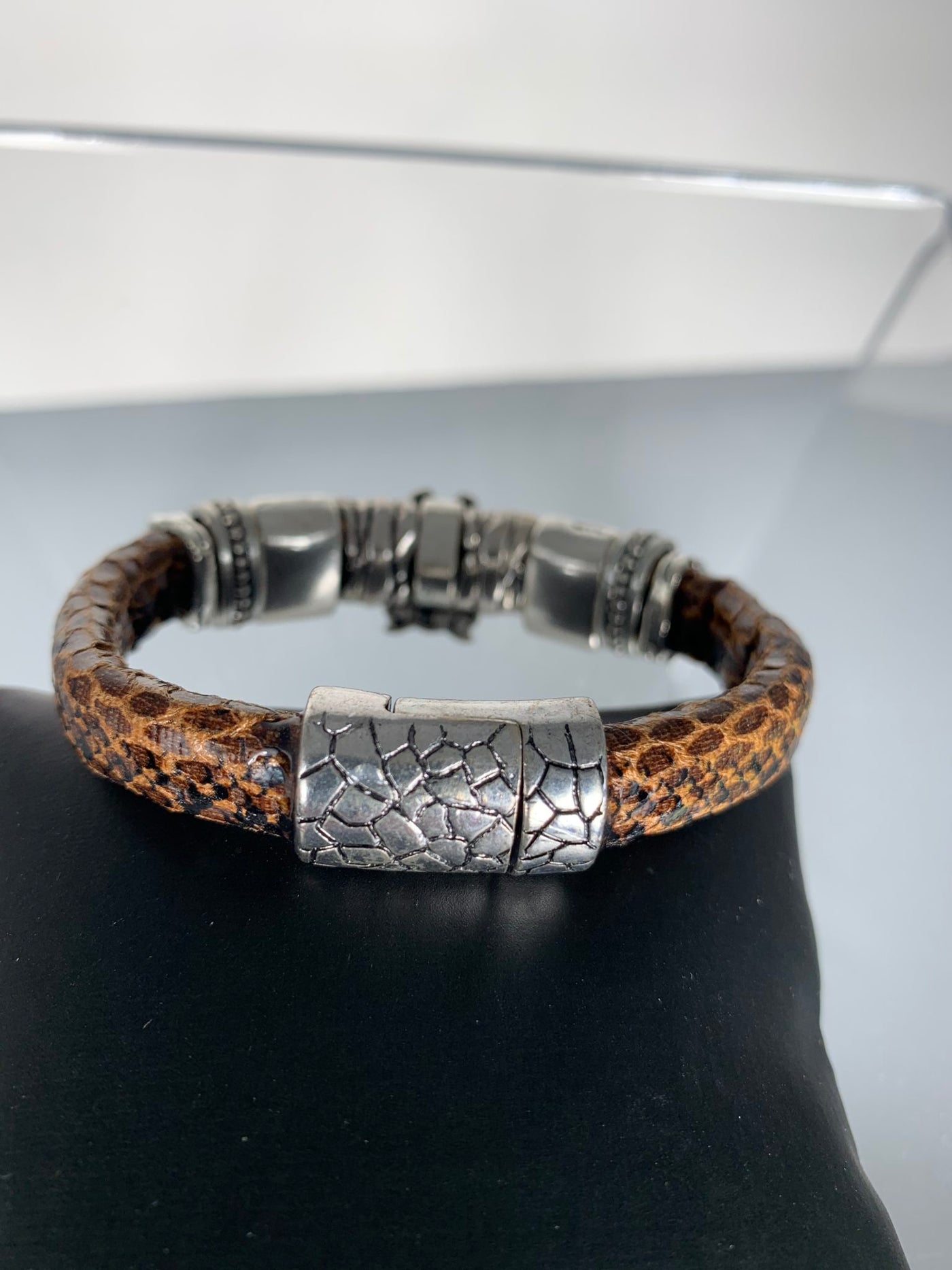 Brown Faux Snake Skin Band Bracelet Featuring a Wise Owl