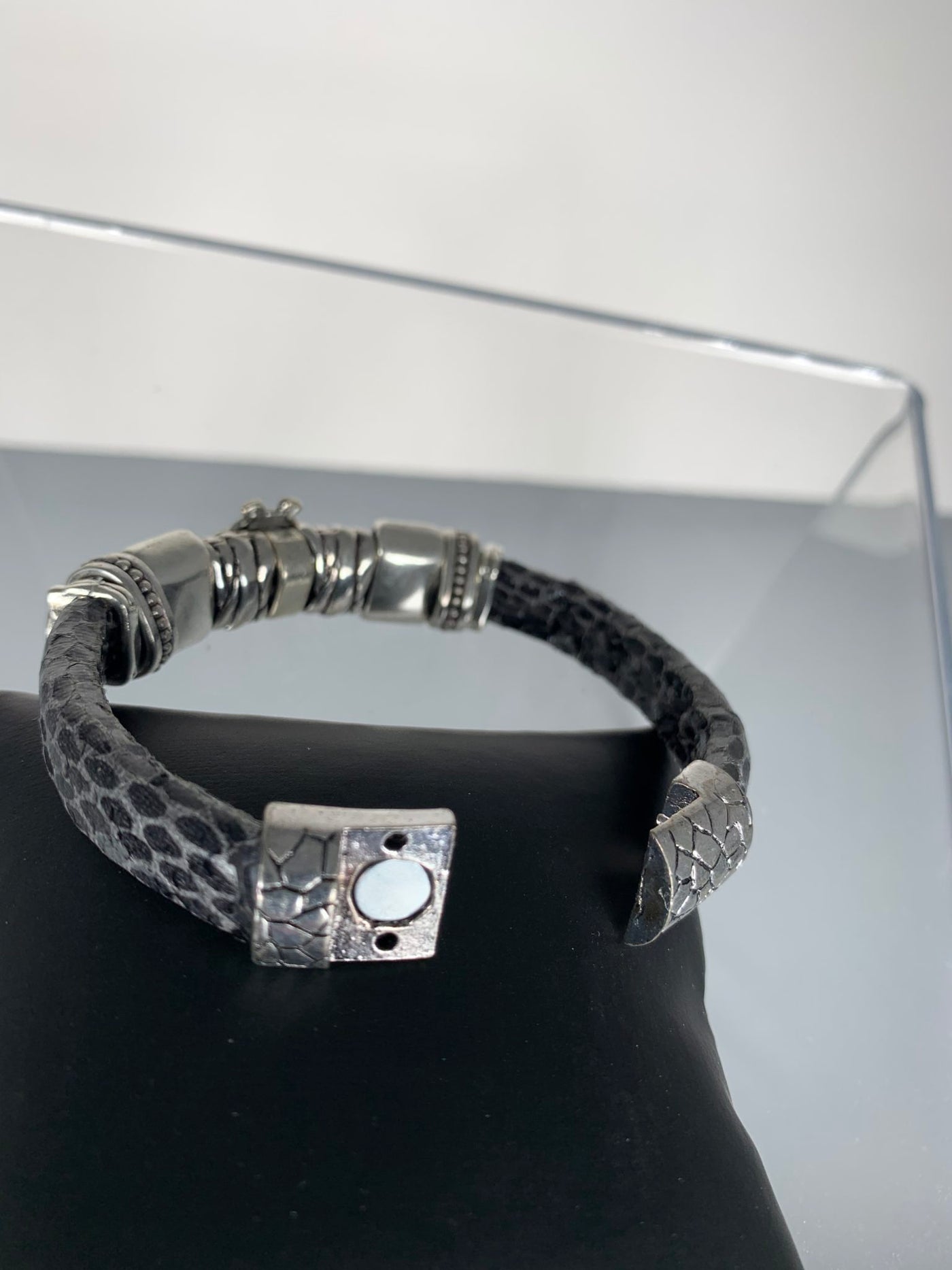 Gray Faux Snake Skin Band Bracelet Featuring a Wise Owl