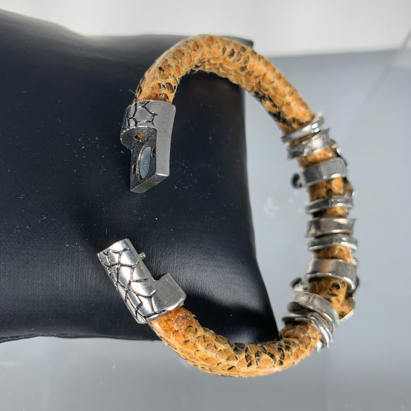 Yellow Faux Snake Skin Band Bracelet Featuring Double Elephants