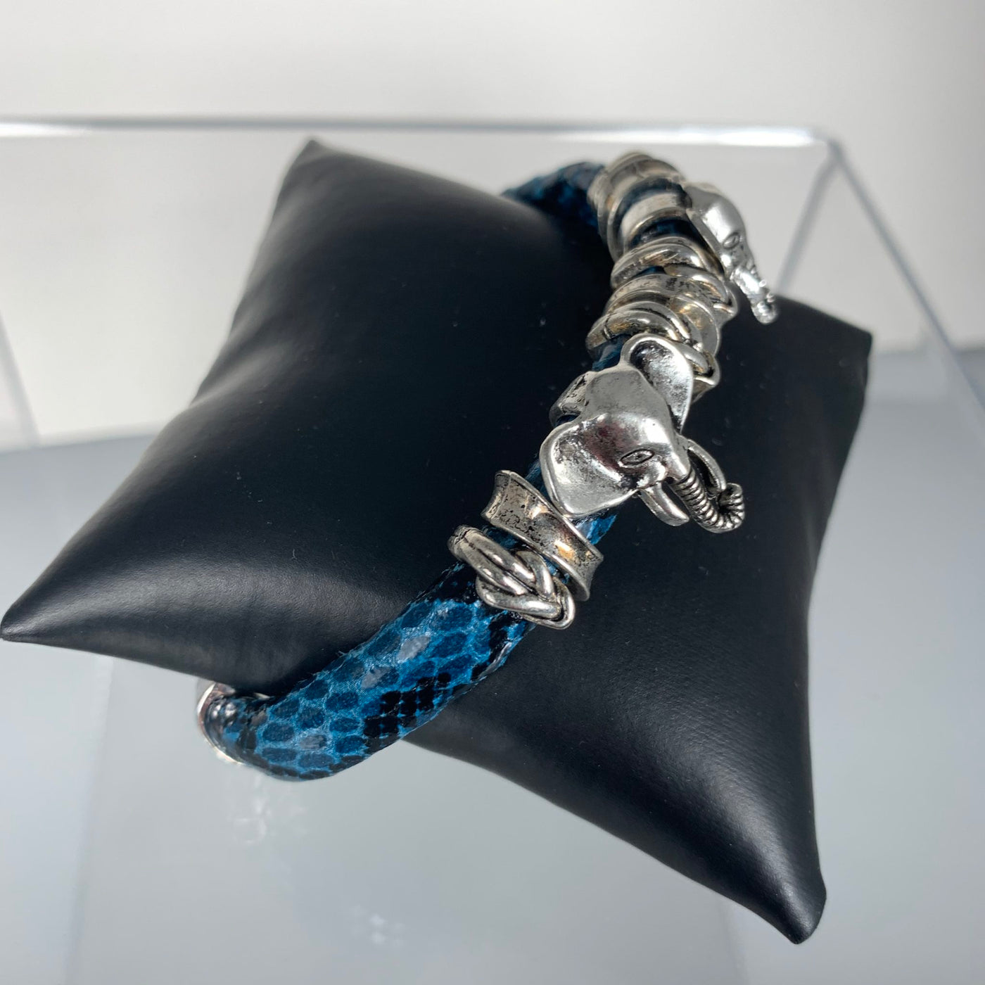 Blue Faux Snake Skin Band Bracelet Featuring Double Elephants