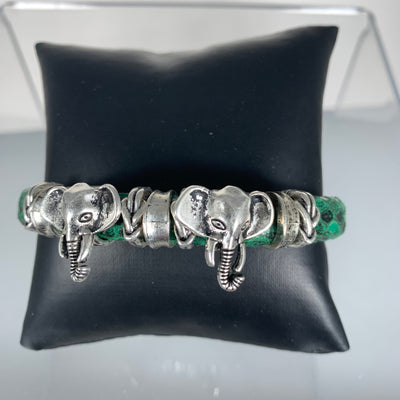 Green Faux Snake Skin Band Bracelet Featuring Double Elephants