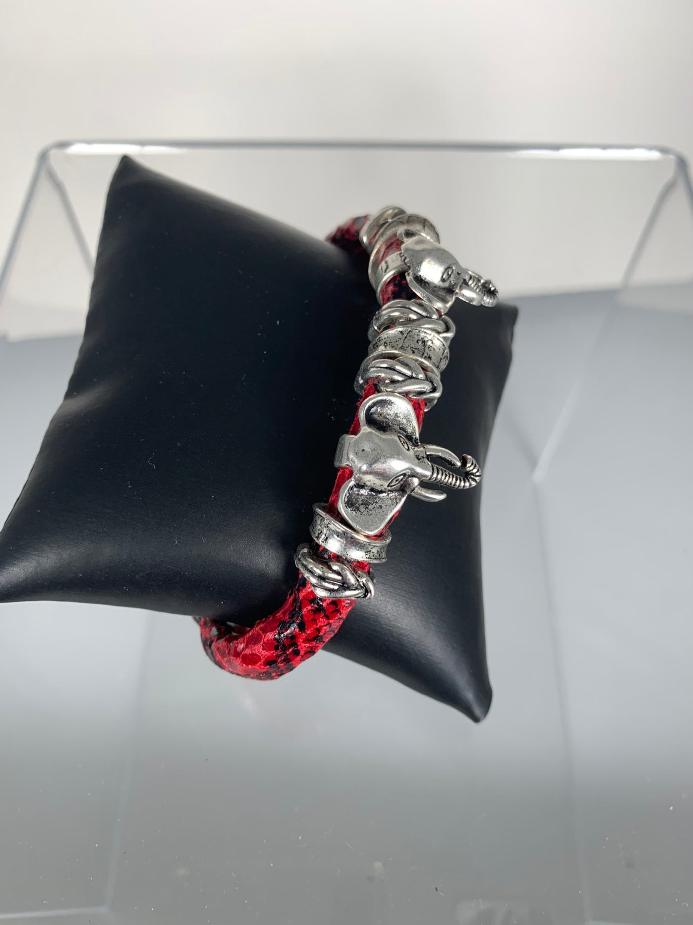 Red Faux Snake Skin Band Bracelet Featuring Double Elephants