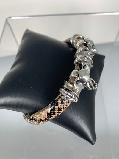 Light Brown Faux Snake Skin Band Bracelet Featuring Double Elephants